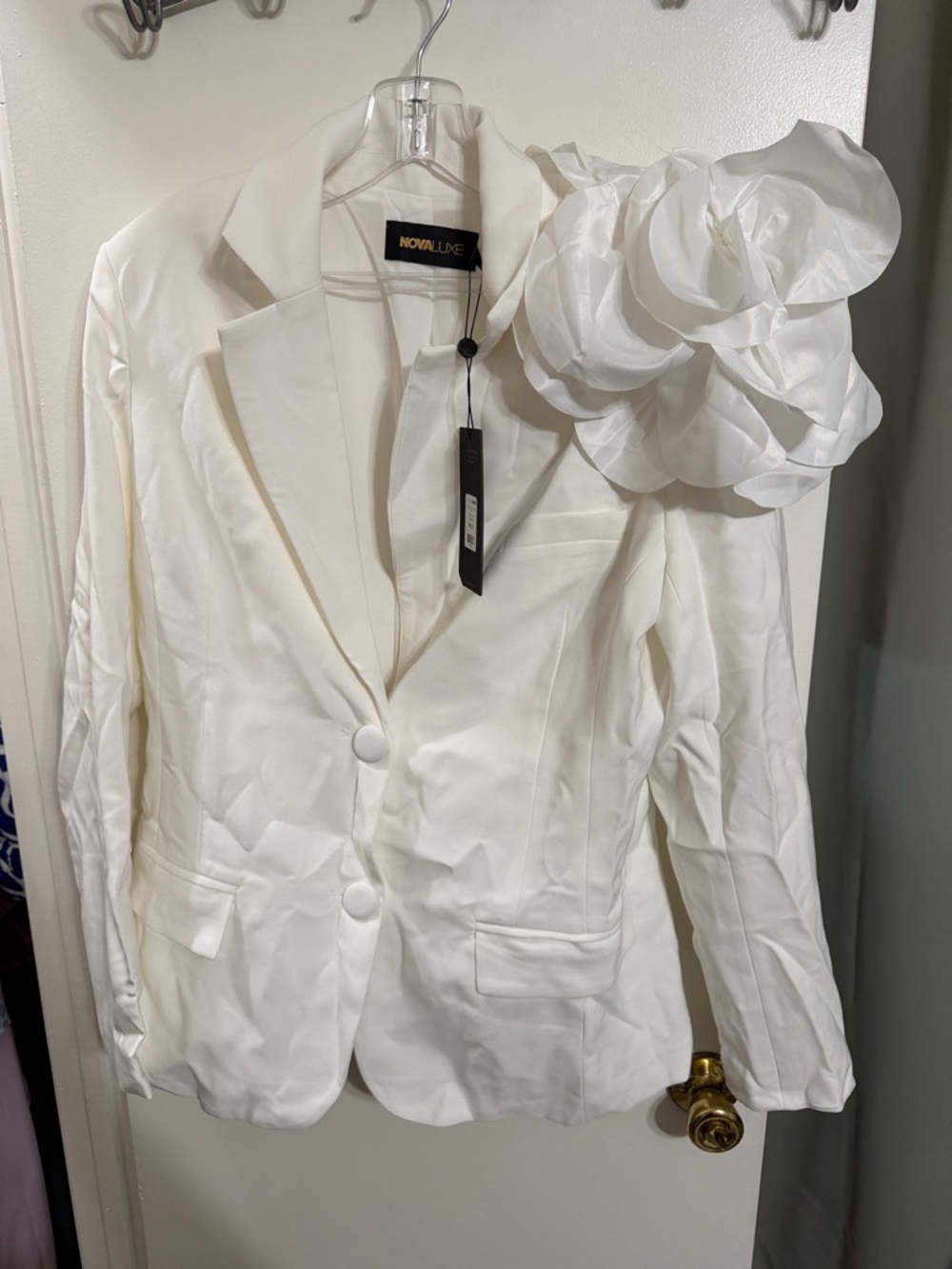 Fashion Nova White Blazer with Oversized Floral Shoulder